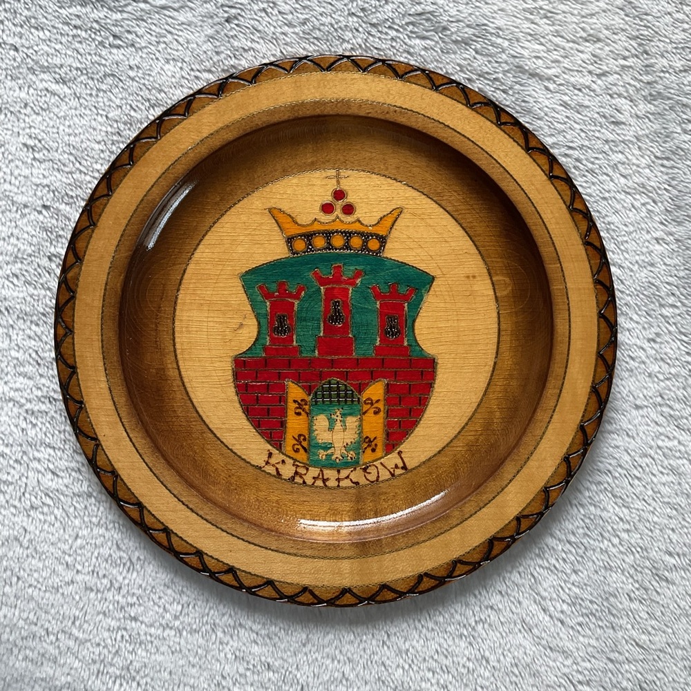 Vintage KRAKOW Carved Solid Wood Souvenir Plate